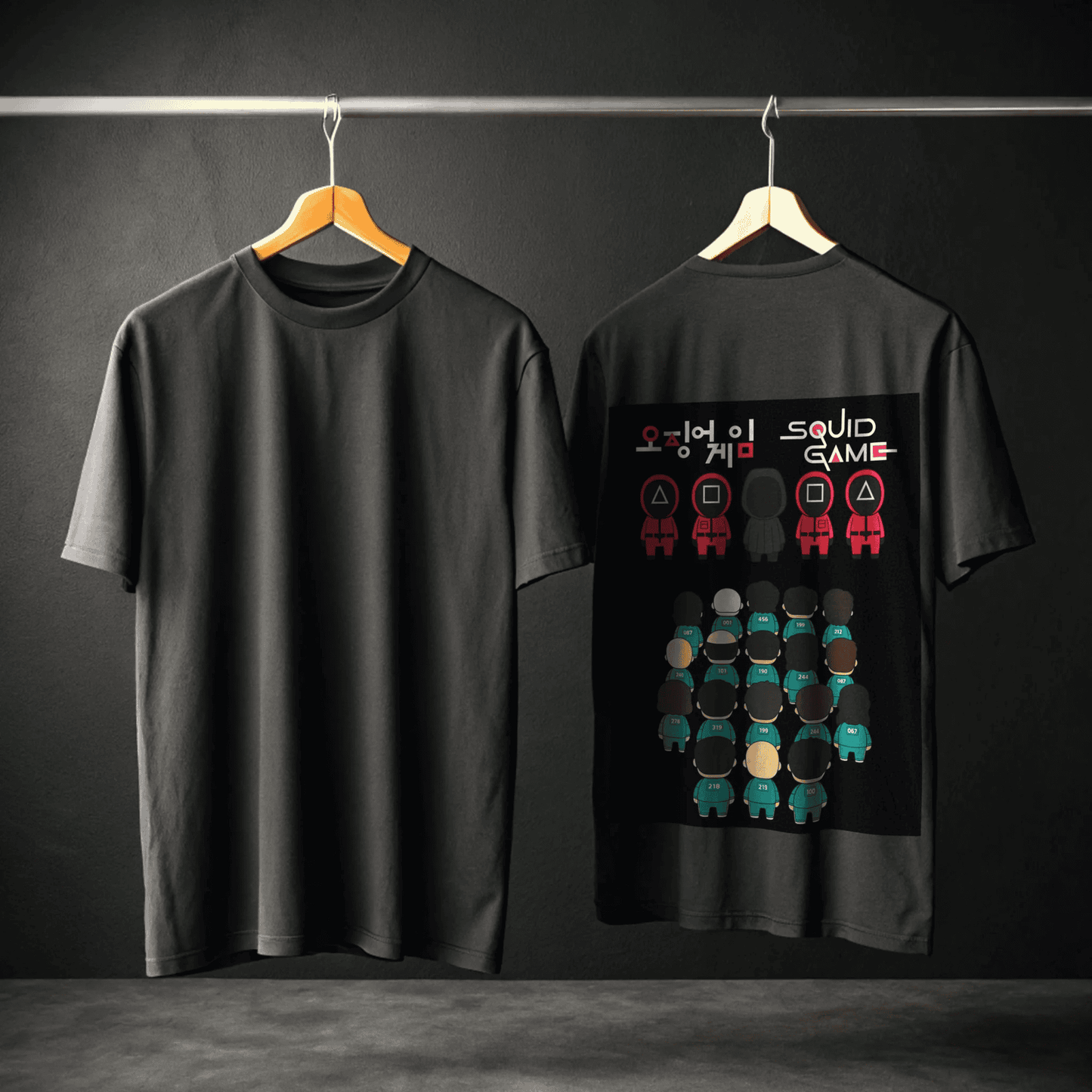 Black t-shirt with 'Squid Game' design on wooden and steel hanger with dark background by OFF THE RACK.
