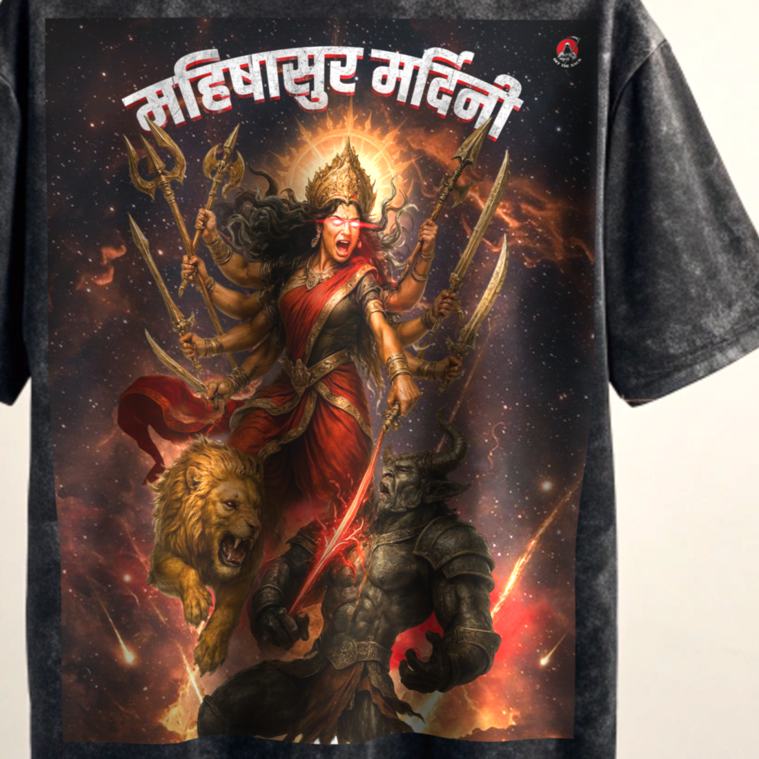 Black acid washed t-shirt with a colorful graphic design on the back, featuring a Fierce Durga figure and Mahisashur Mardini Text By OFF THE RACK.