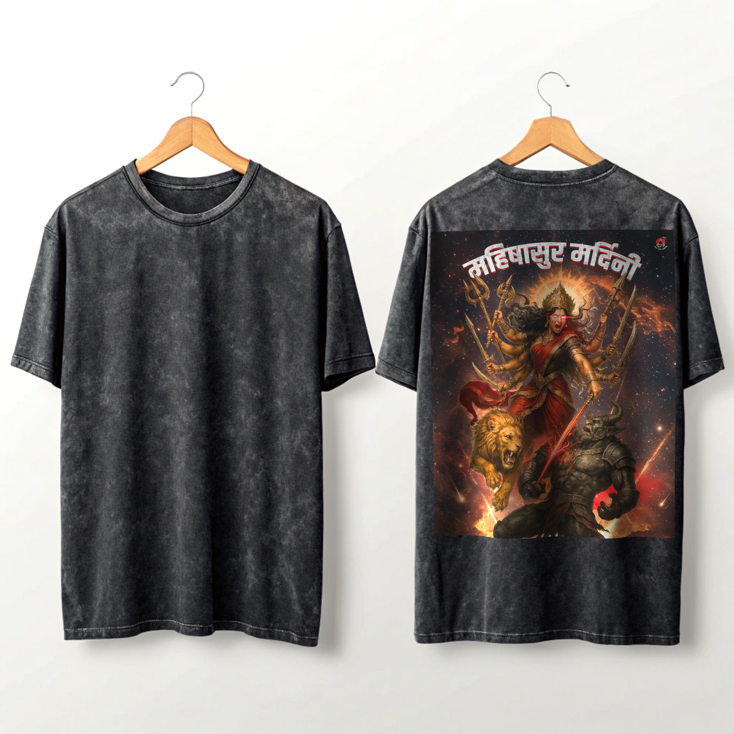 Black acid washed t-shirt with FIERCE DURGA graphic design on a white background By OFF THE RACK