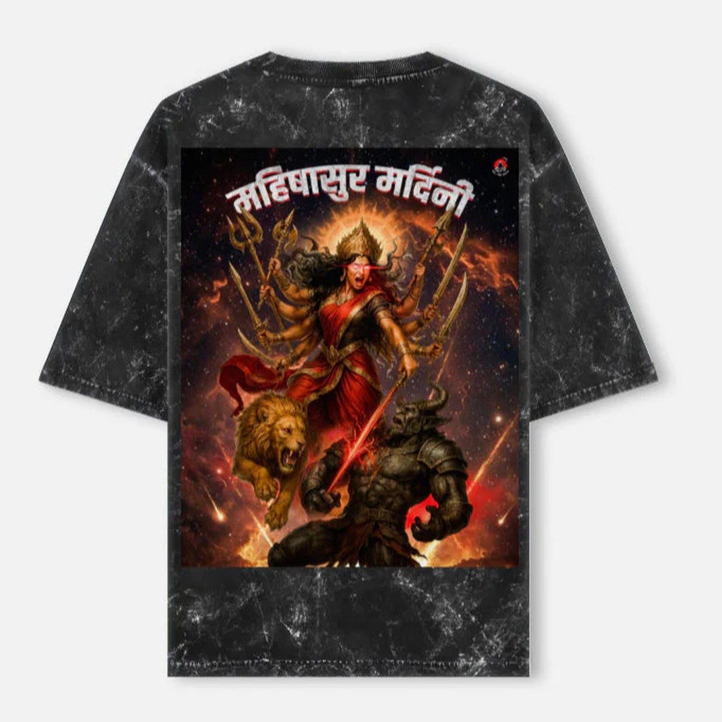 Black Acid Washed t-shirt with a graphic design of Fierce Durga and lion on a white background By OFF THE RAC