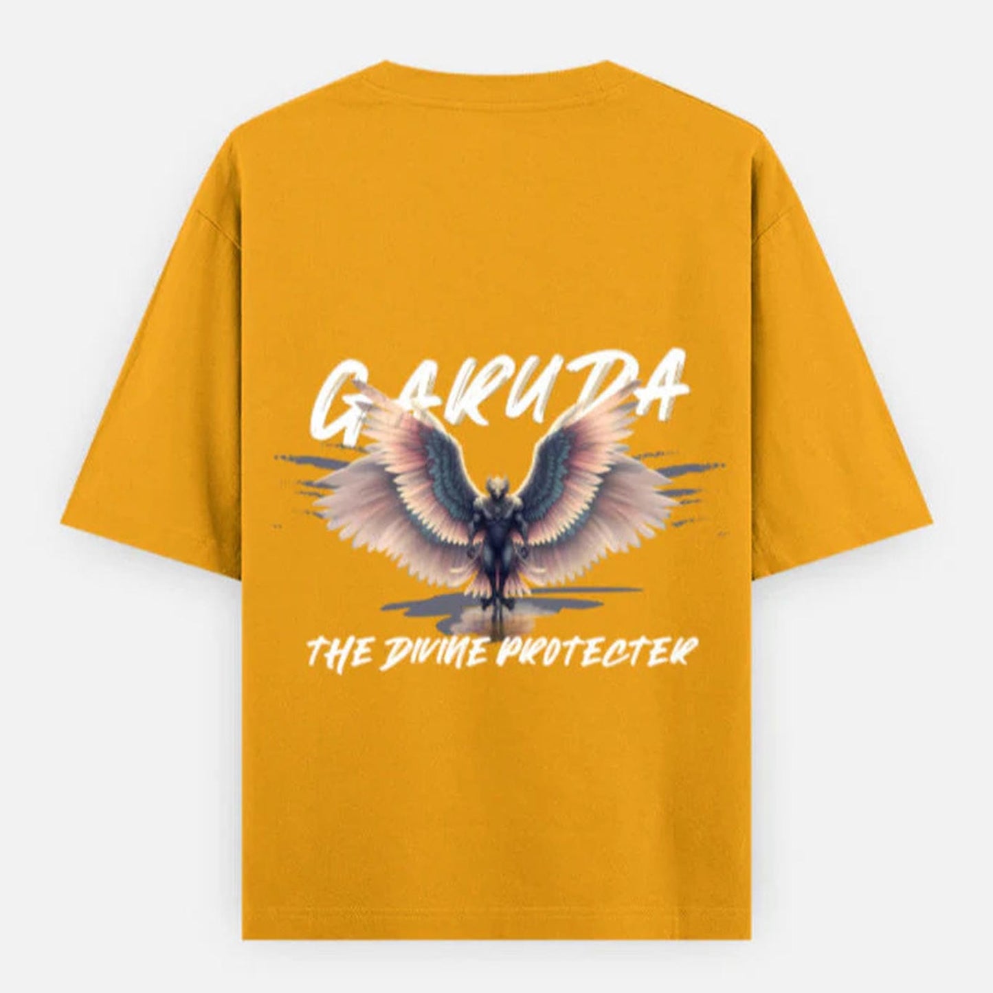 Golden Yellow t-shirt with Garuda design and Garuda the divine protector text on a white background By OFF THE RACK