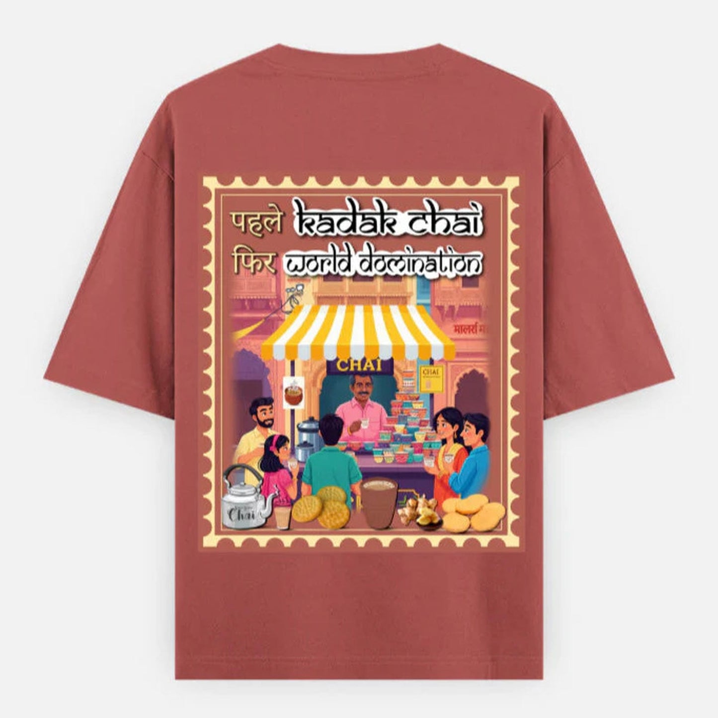 Coral t-shirt with a colorful graphic of a tea stall and Pehle Kadak Chai Phir World Domination text on the back By OFF THE RACK
