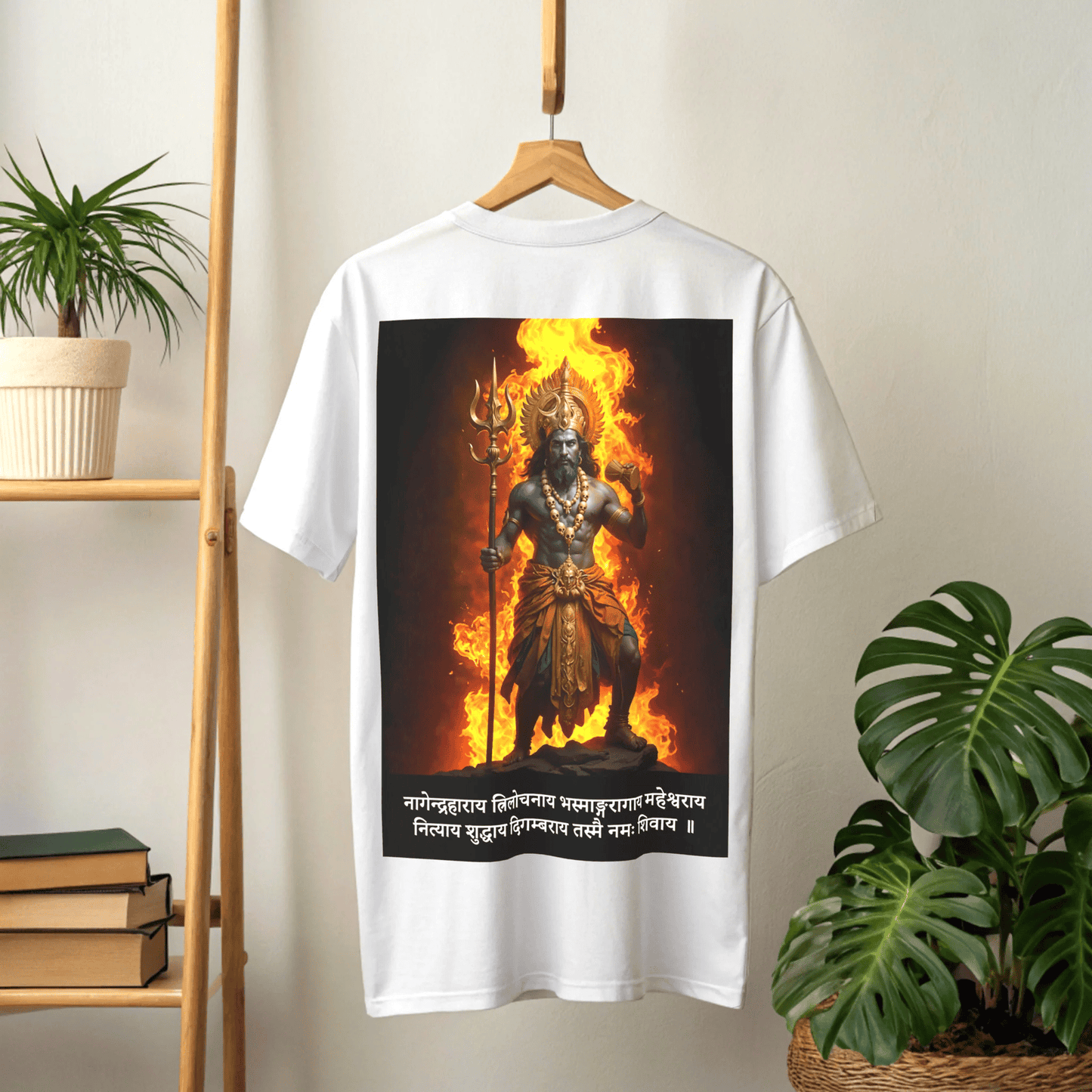 White t-shirt with a graphic design of Shiva The destroyer figure on a hanger against a neutral wall in a studio setup by OFF THE RACK.