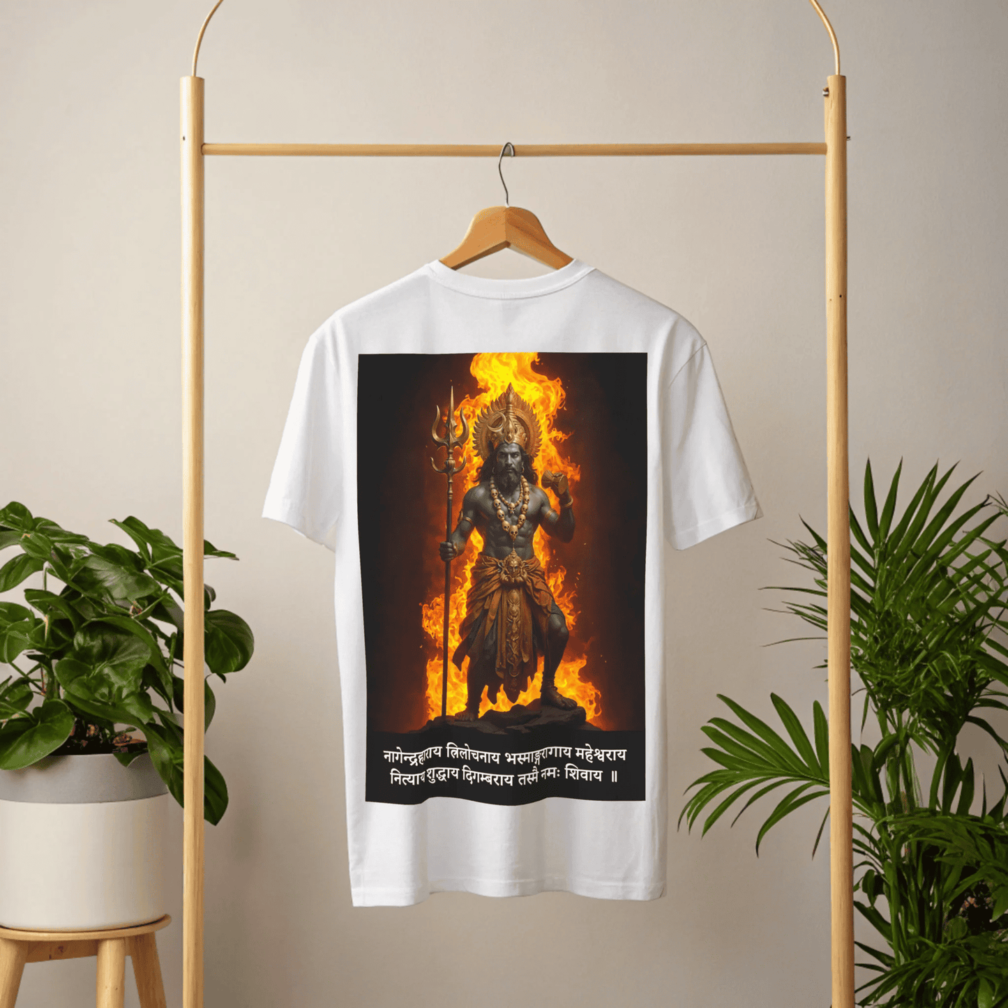 White t-shirt with a graphic design of shiva figure in flames on a hanger against a beige wall in a studio setup by OFF THE RACK.