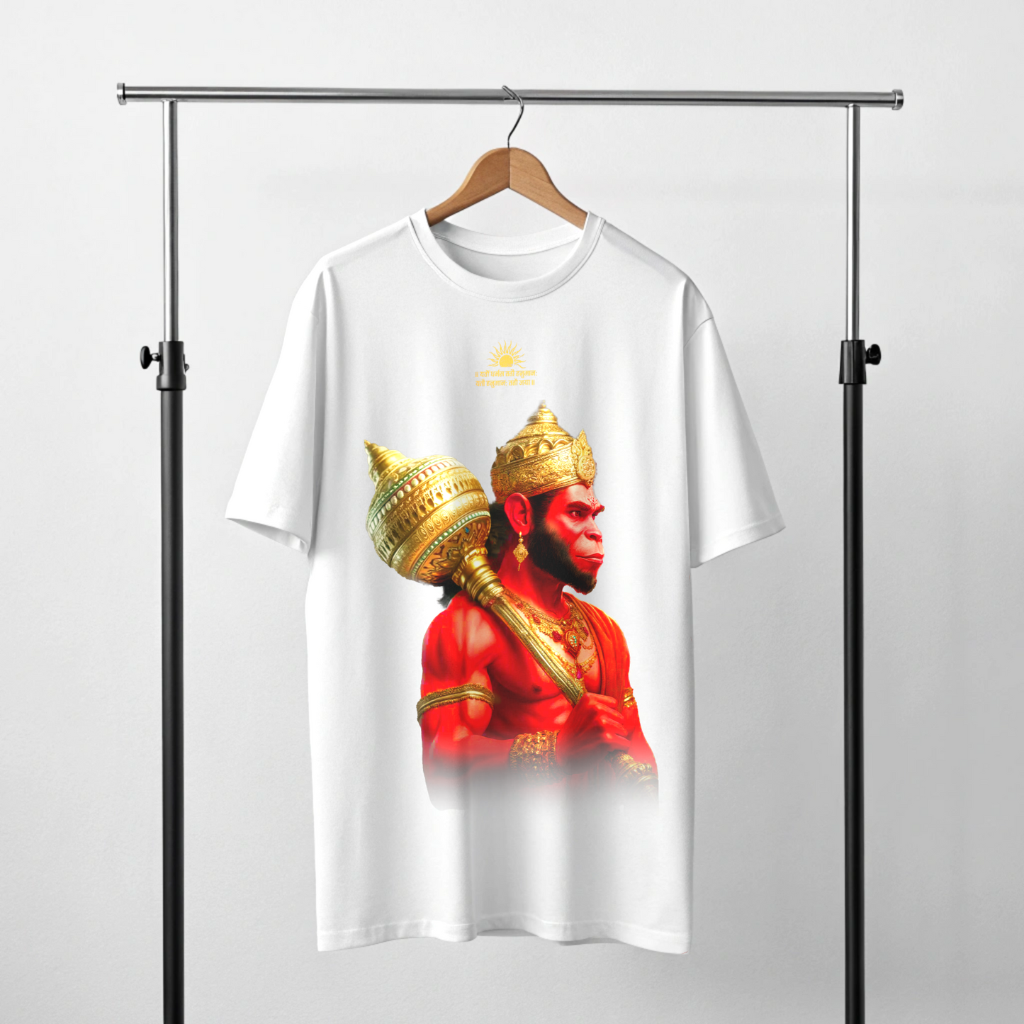 White t-shirt with a graphic of a Lord Hanuman in red and gold on a hanger against a white background By OFF THE RACK