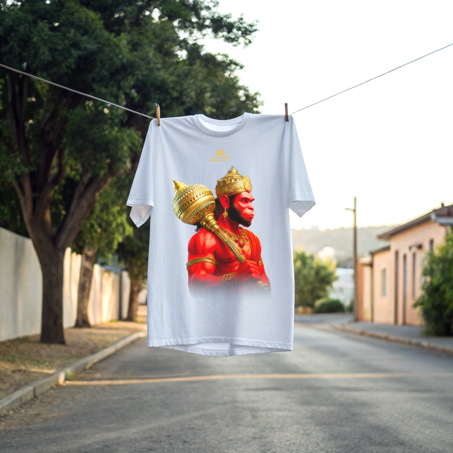White t-shirt with a red and gold graphic of Lord Hanuman hanging on a clothesline outdoors By OFF THE RACK