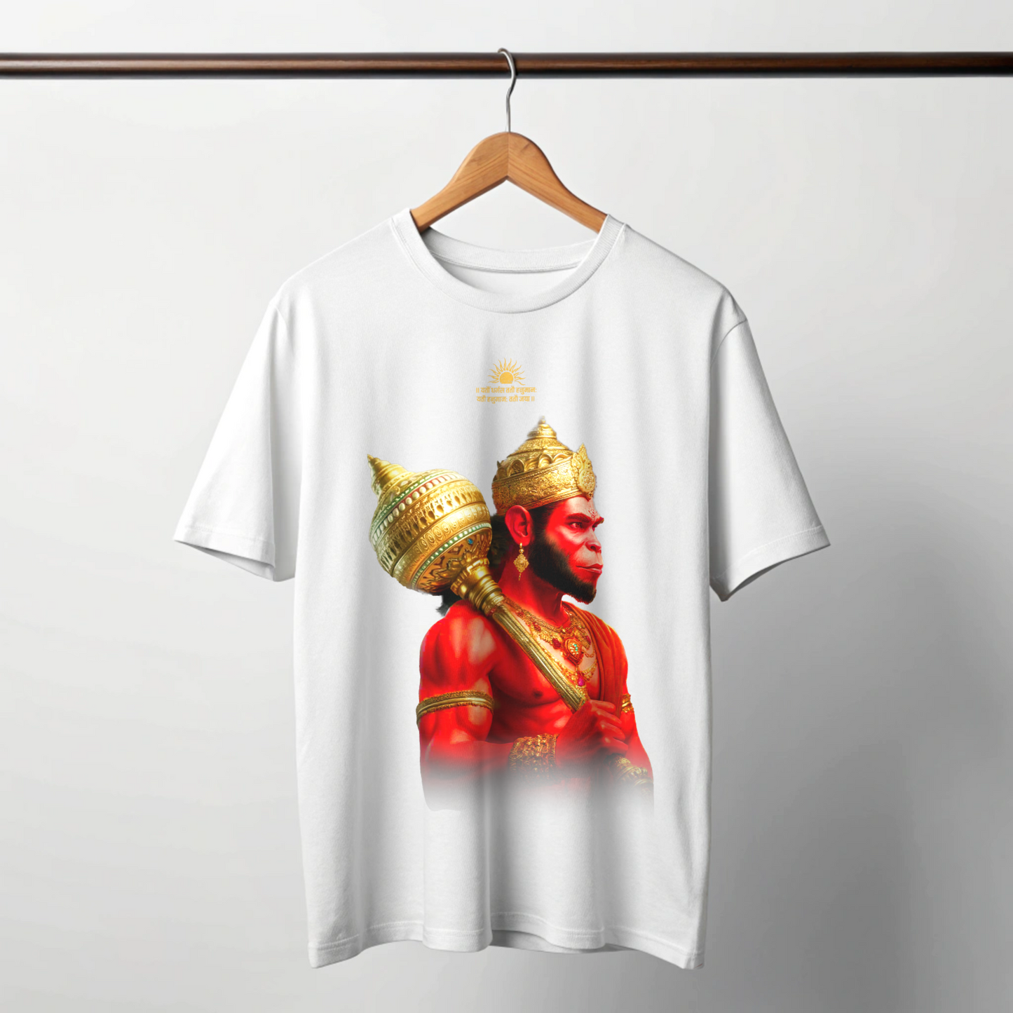 White t-shirt with a graphic of Lord Hanuman on a wooden hanger against a white background By OFF THE RACK