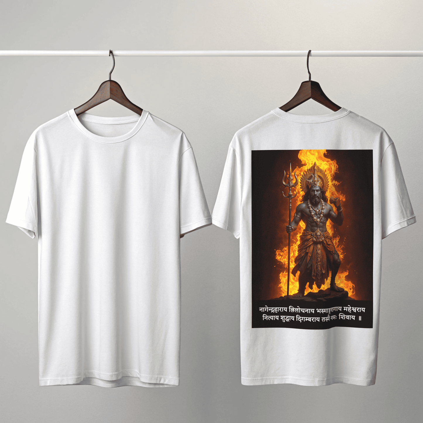 White t-shirt with a fiery design on the back, displayed on hangers against a gray background By OFF THE RACK.