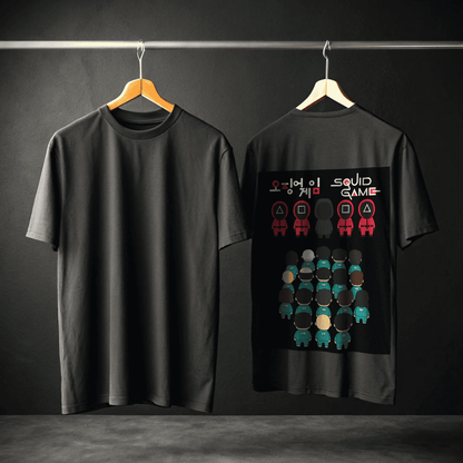 Black t-shirt with 'Squid Game' design on wooden and steel hanger with dark background by OFF THE RACK.