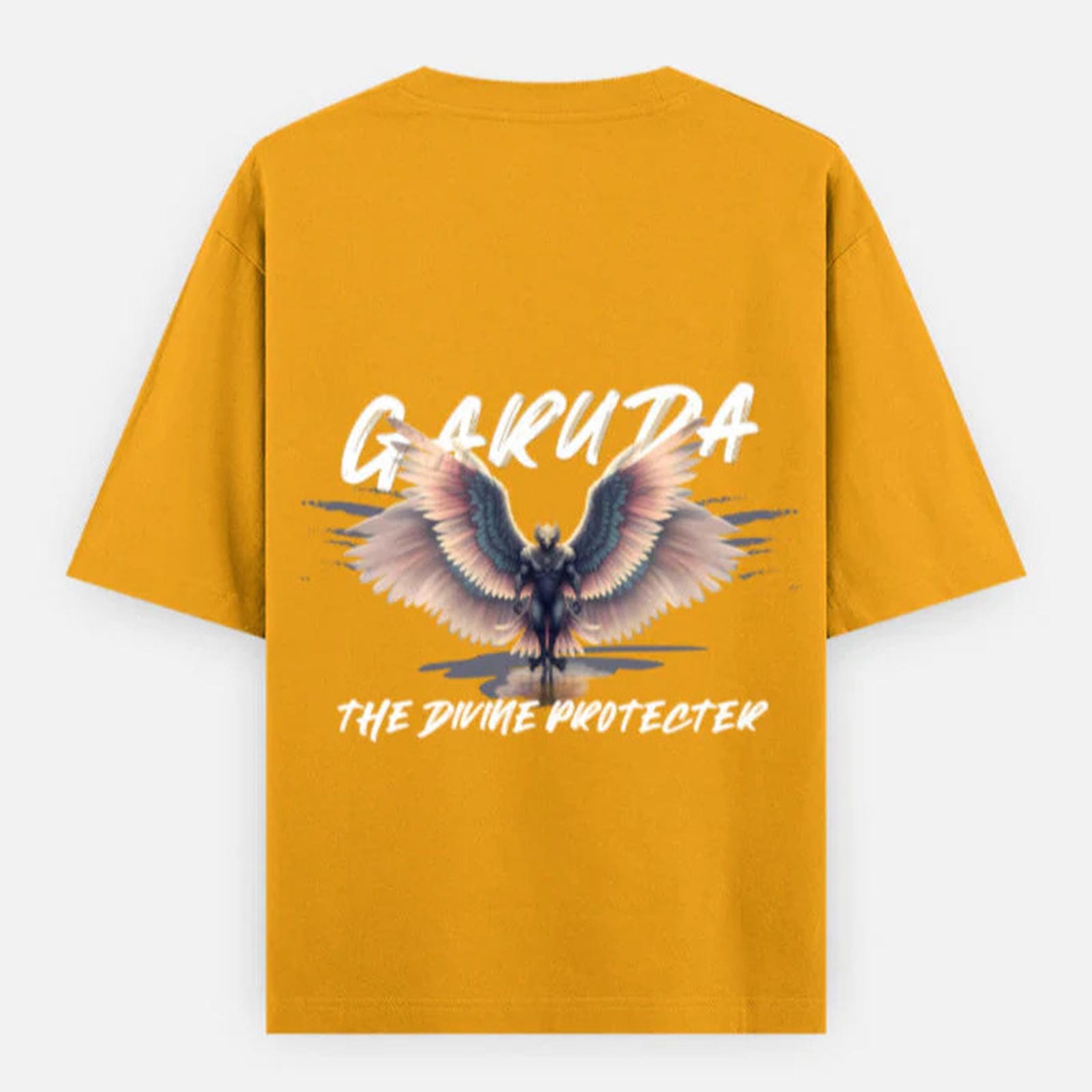 Golden Yellow t-shirt with Garuda design and Garuda the divine protector text on a white background By OFF THE RACK