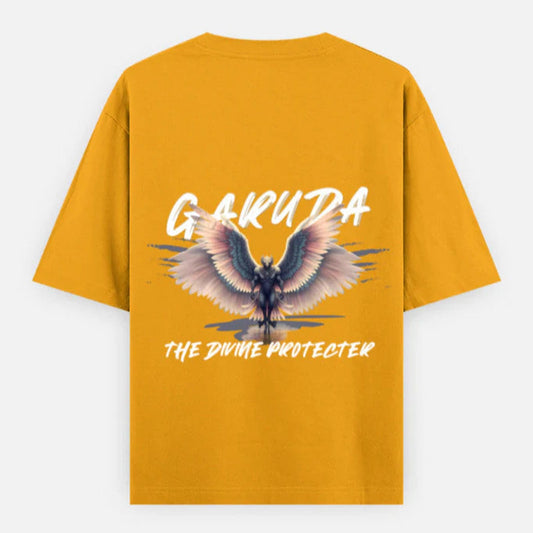Golden Yellow t-shirt with Garuda design and Garuda the divine protector text on a white background By OFF THE RACK