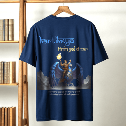 Royal Blue t-shirt with KARTIKEYA graphic design and text on a wooden hanger against a white wall By OFF THE RACK.