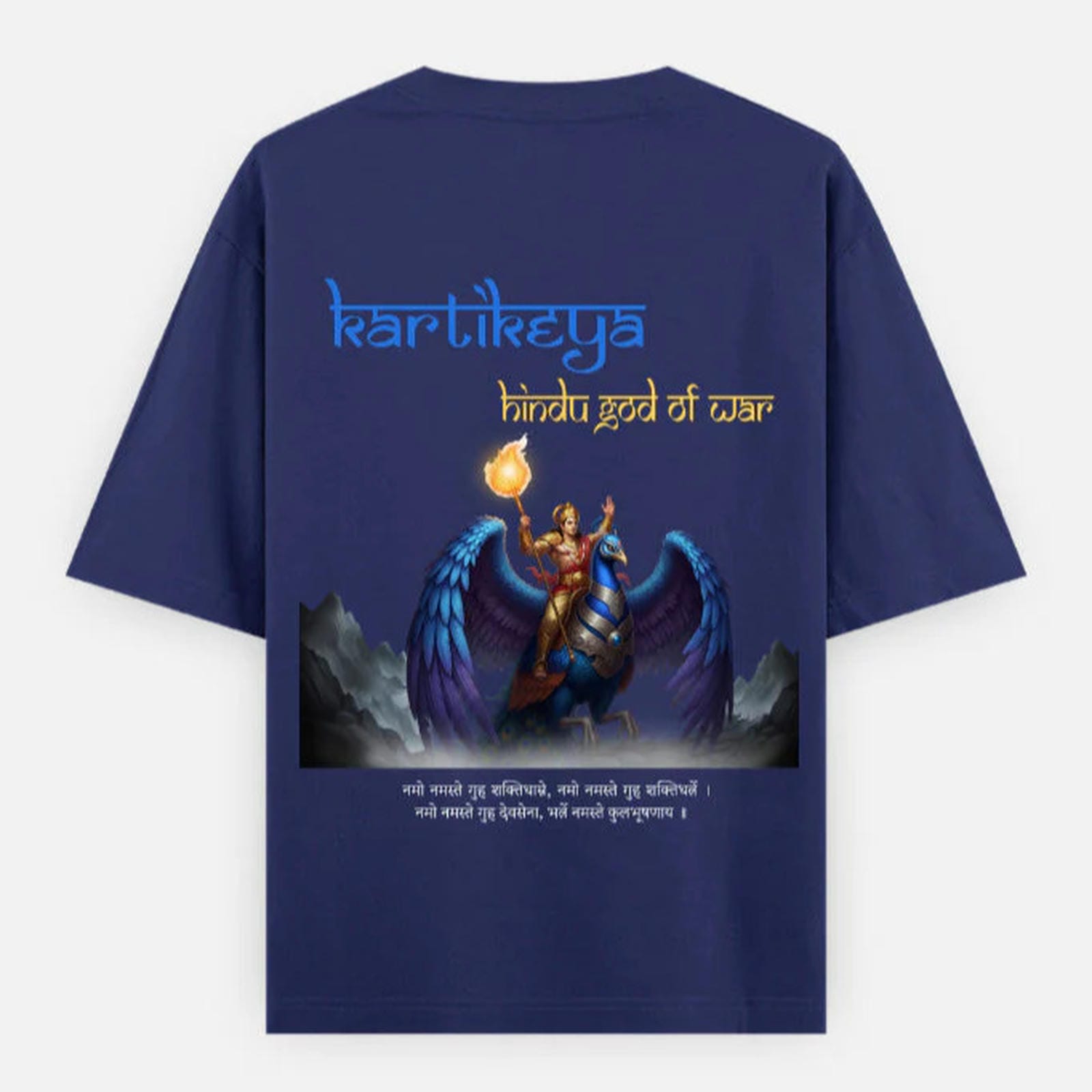 Royal blue t-shirt with a graphic of Kartikeya, the Hindu god of war, on the back By OFF THE RACK