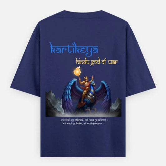Royal blue t-shirt with a graphic of Kartikeya, the Hindu god of war, on the back By OFF THE RACK