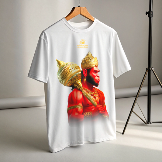 White t-shirt with a graphic of Lord Hanuman on a Wooden hanger By OFF THE RACK