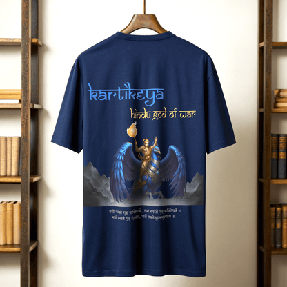 Royal blue t-shirt with a graphic of Kartikeya, the Hindu god of war, on a wooden hanger against a bookshelf background By OFF THE RACK