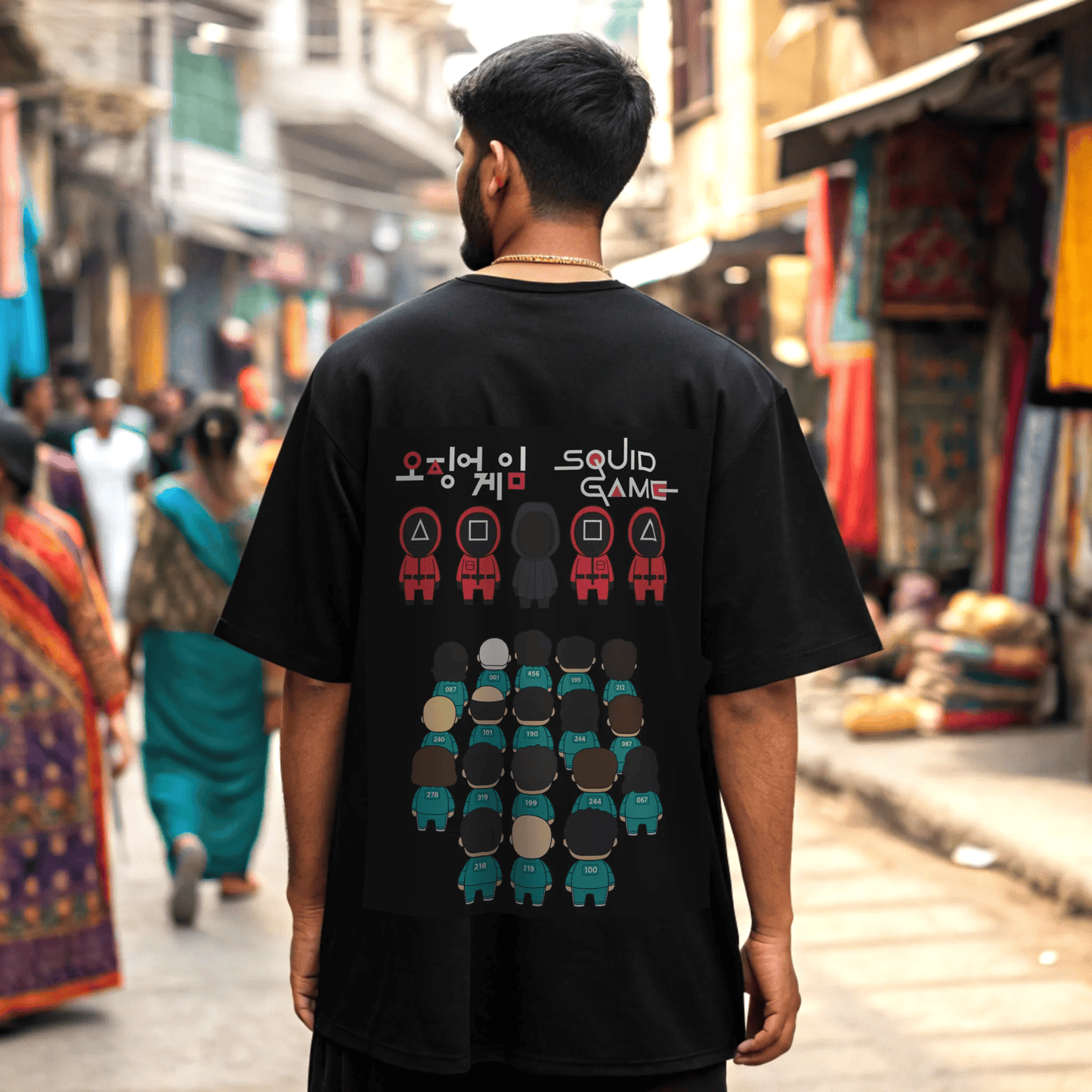 model wearing a black t-shirt with 'Squid Game' design in an indian street setting by OFF THE RACK.