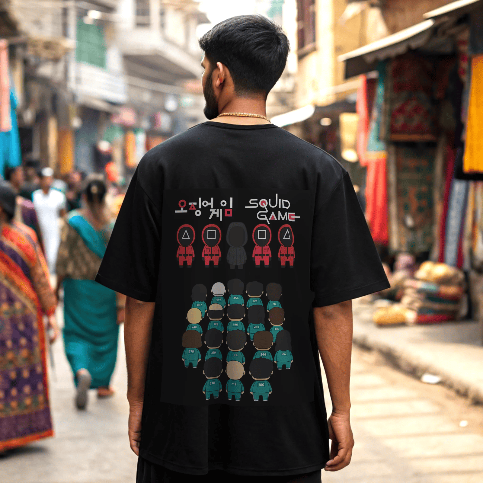 model wearing a black t-shirt with 'Squid Game' design in an indian street setting by OFF THE RACK.