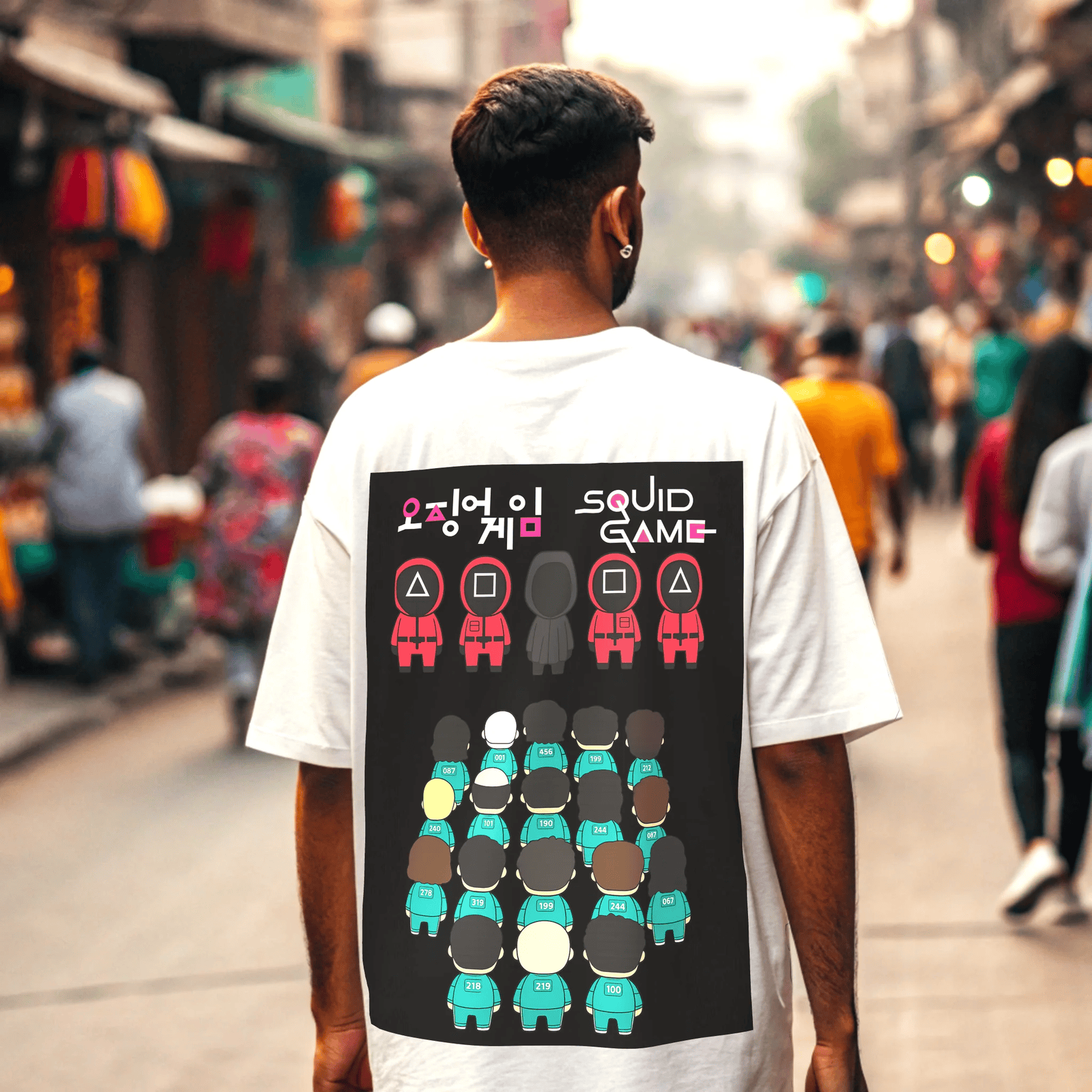 Person wearing a 'Squid Game' t-shirt with colorful characters on a busy street By OFF THE RACK