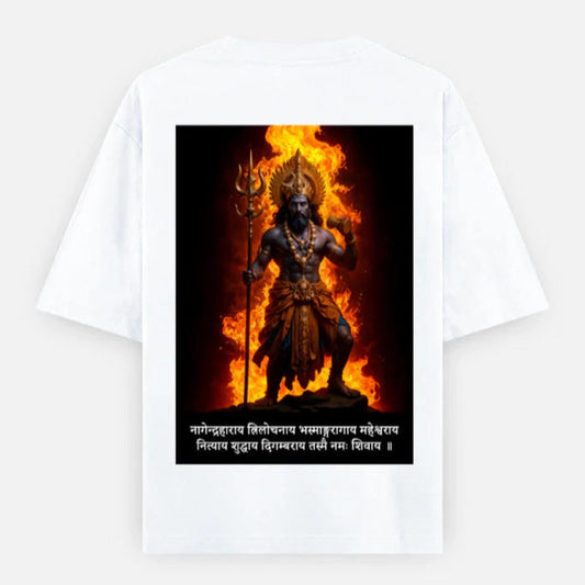 White t-shirt with a graphic of angry shiva figure in flames on a white background by OFF THE RACK.