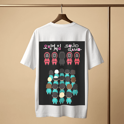 White t-shirt with 'Squid Game' graphic design on a wooden hanger with beige background By OFF THE RACK.